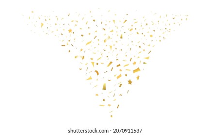 Celebrate, party, birthday Vector abstract background burst explosion golden colour confetti pieces and ribbon. Carnival, Christmas or New Year decoration party festival