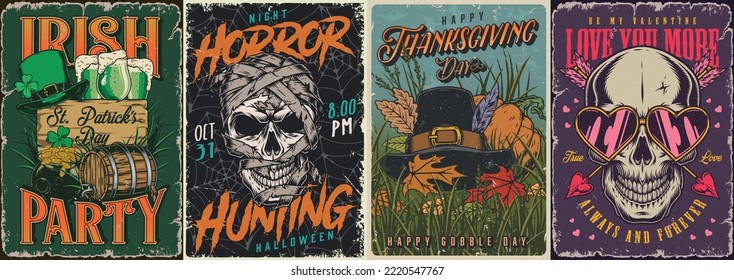 Celebrar la fiesta conjunto coloridos volantes calavera de mamita vintage en la tarjeta de Halloween y sombrero de peregrino con feliz cartón de acción de gracias ilustración vectorial