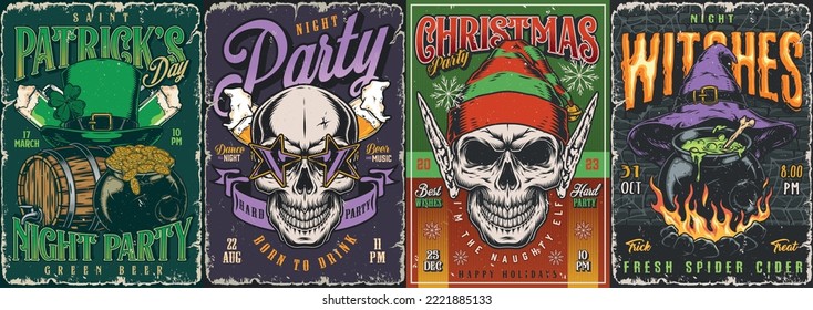 Celebrate party set colorful posters vintage saint Patrick holiday invitation and night elf wishing merry Christmas grunge style vector illustration