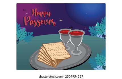 Celebrate Passover with family. Traditional wine and matzah are typical food during Passover. Passover Day concept. Flat vector illustration.