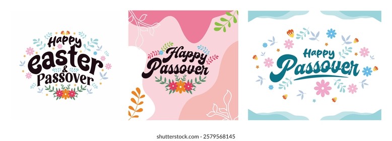 Celebrate Passover and Jewish Passover with greeting cards featuring colorful floral designs. Depicts joy, happiness and warmth during celebrations. Passover Day concept. Set flat vector illustration.