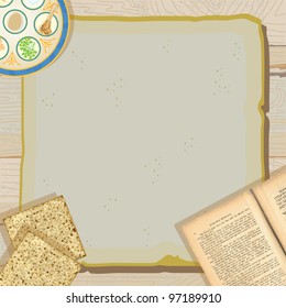 Celebrate Passover with this Rustic and pretty Passover Seder Meal party invitation with seder plate, holy book, the passover Haggadah and matzo or matzah on vintage paper against a weathered wood