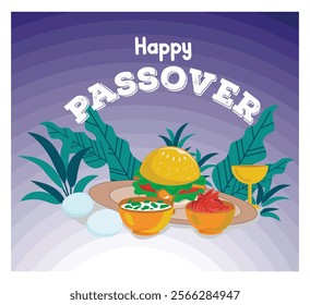 Celebrate Passover with this vibrant of a Seder plate featuring foods. Perfect for Jewish festive greetings, cultural celebrations, and holiday themed designs. Flat vector modern illustration 