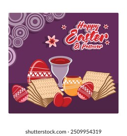 Celebrate Passover with traditional food. Eggs, matzah and wine are symbols of Passover. Passover Day concept. Flat vector illustration.