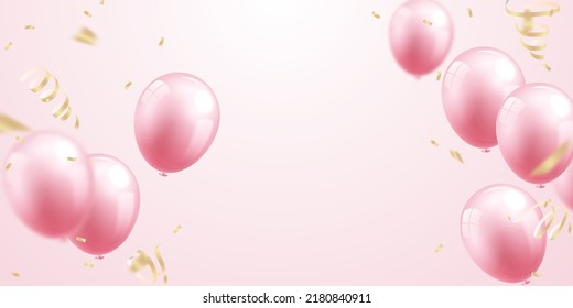 Celebrate with pink balloons with confetti for festive decorations vector illustration.