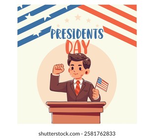 Celebrate Presidents Day with this striking image featuring a young politician delivering an inspiring speech against a backdrop of the American flag