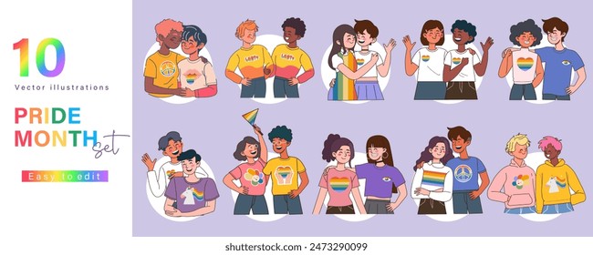 Celebrate Pride Month with this vibrant LGBTQ vector illustration set featuring diverse characters, rainbow flags, and symbols of love and inclusion.