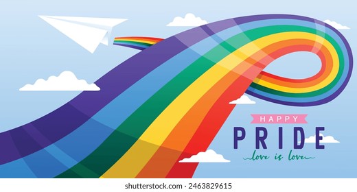 Celebra el Mes del Orgullo con un vibrante avión de papel con una bandera arcoiris en el cielo, que simboliza el orgullo LGBTQIA+. Capturado en junio, Vector, ilustración