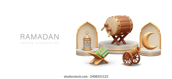 Celebrate Ramadan concept. Poster with different traditional Islamic elements. Time to read Quran. Islamic holidays. Vector illustration in 3d style with place for text