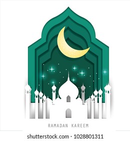 Celebrate Ramadan and Eid concept.Greeting card with arabic White Origami.Vector and  illustration.Paper and craft art