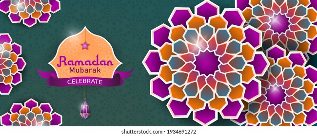 celebrate ramadan mubarak, web header or banner design with elements using paper cut style design on dark blue background