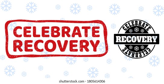 Celebrate Recovery stamp seals on winter background with snow in clean and draft versions for Xmas.
