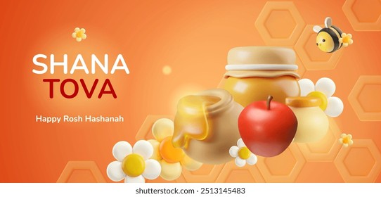 Celebrate Rosh Hashanah with this delightful 3D vector illustration featuring honey jars, a sweet apple, flowers, and a cheerful bee. Perfect for holiday cards or web banners.