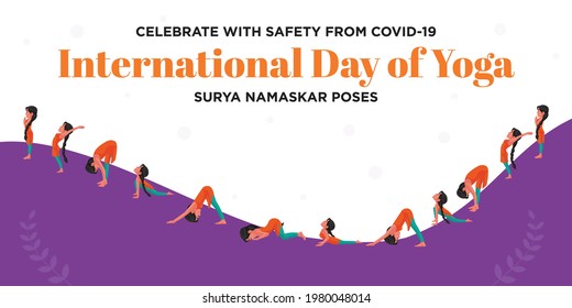 Celebrate with safety from covid 19 international day of yoga surya namaskar poses banner design.