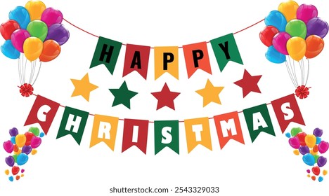 Celebrate the season with a cheerful Happy Christmas bunting garland, perfect for holiday decor and festive projects. This vibrant garland illustration is ideal for Christmas cards, banner. 