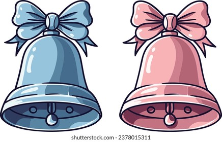 Celebrate the season with this elegant duo of Christmas bells, gracefully adorned with shimmering pink and blue bows. The reflective surface adds a touch of magic to these traditional symbols,