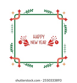 Celebrate the season with this "Happy New Year" text design framed by a Christmas-themed border. Perfect for festive cards, banners, and digital projects to spread holiday cheer.