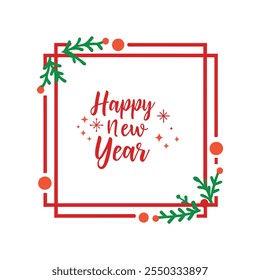 Celebrate the season with this "Happy New Year" text design framed by a Christmas-themed border. Perfect for festive cards, banners, and digital projects to spread holiday cheer.