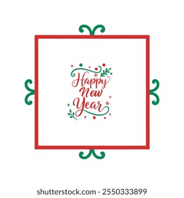 Celebrate the season with this "Happy New Year" text design framed by a Christmas-themed border. Perfect for festive cards, banners, and digital projects to spread holiday cheer.