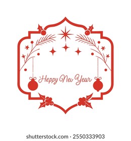 Celebrate the season with this "Happy New Year" text design framed by a Christmas-themed border. Perfect for festive cards, banners, and digital projects to spread holiday cheer.