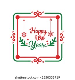 Celebrate the season with this "Happy New Year" text design framed by a Christmas-themed border. Perfect for festive cards, banners, and digital projects to spread holiday cheer.