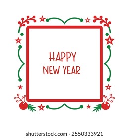 Celebrate the season with this "Happy New Year" text design framed by a Christmas-themed border. Perfect for festive cards, banners, and digital projects to spread holiday cheer.