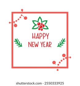 Celebrate the season with this "Happy New Year" text design framed by a Christmas-themed border. Perfect for festive cards, banners, and digital projects to spread holiday cheer.