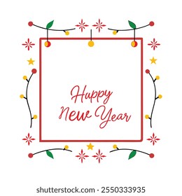 Celebrate the season with this "Happy New Year" text design framed by a Christmas-themed border. Perfect for festive cards, banners, and digital projects to spread holiday cheer.