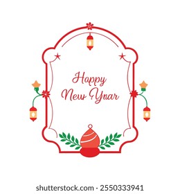 Celebrate the season with this "Happy New Year" text design framed by a Christmas-themed border. Perfect for festive cards, banners, and digital projects to spread holiday cheer.