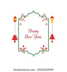 Celebrate the season with this "Happy New Year" text design framed by a Christmas-themed border. Perfect for festive cards, banners, and digital projects to spread holiday cheer.