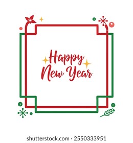 Celebrate the season with this "Happy New Year" text design framed by a Christmas-themed border. Perfect for festive cards, banners, and digital projects to spread holiday cheer.