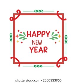 Celebrate the season with this "Happy New Year" text design framed by a Christmas-themed border. Perfect for festive cards, banners, and digital projects to spread holiday cheer.