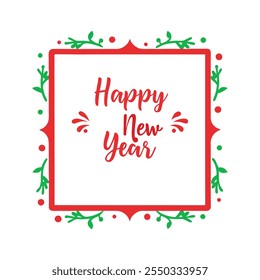 Celebrate the season with this "Happy New Year" text design framed by a Christmas-themed border. Perfect for festive cards, banners, and digital projects to spread holiday cheer.