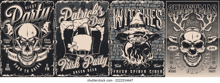 Celebrate set flyers vintage monochrome skull with beer for party and Saint Patrick day or Christmas celebration attributes vector illustration
