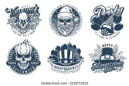 Celebrate set monochrome vintage flyers with hats for independence day or thanksgiving holiday and Santa Claus skull vector illustration