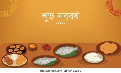 Celebrate Shubho Noboborsho (Bengali New Year) with a traditional feast featuring fish, sweets, and rice. A vibrant spread representing the Bengali culinary delights for the festive occasion