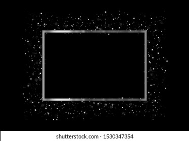 Celebrate Silver frame with glowing lights and sparkle bokeh effects, isolated on background. Shining white glitter rectangle. Luxury premium design template.