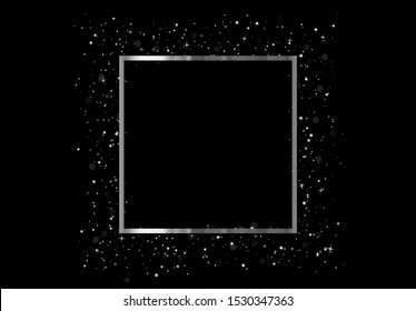 Celebrate Silver frame with glowing lights and sparkle bokeh effects, isolated on background. Shining white glitter square confetti. Luxury premium design template.