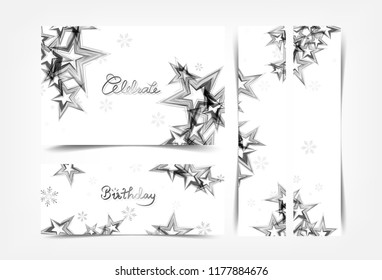 Celebrate, silver stars decoration banners, Christmas winter parties holiday, gift voucher and sales festival concept collection set abstract background vector illustration