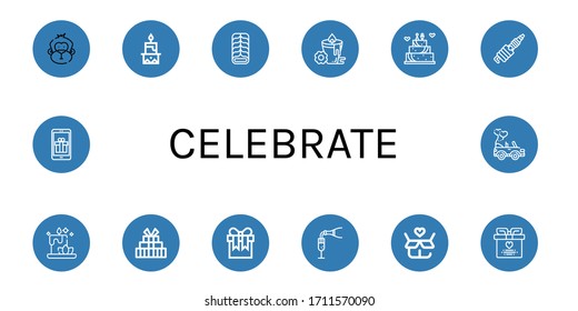 celebrate simple icons set. Contains such icons as Monkey, Candle, Cake, Wedding cake, Spark, Gift, Champagne, Wedding gift, Wedding car, can be used for web, mobile and logo