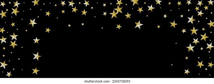 Celebrate Sky Vector Black Panoramic Background. Party Christmas Sparkle Texture. Space Vector Black Panoramic Background Template. Gold Magic Glow Design.