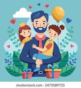 Celebrate the special bond between fathers and children with this heartwarming Father's Day illustration. The artwork features a joyful scene where a father is spending quality time with his kid.