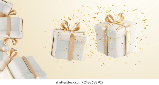 Celebrate special moments with these elegantly designed white gift boxes adorned with golden bows and surrounded by festive golden confetti, perfect for any joyous occasion. Vector illustration