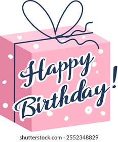 Celebrate special occasions with an adorable pink gift box featuring a dark blue ribbon and a cheerful happy birthday. message, perfect for spreading joy and love