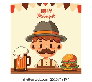 Comemore o espírito da Oktoberfest com este emparelhamento delicioso de um hambúrguer saudável e uma cerveja refrescante, lindamente complementado por um cartão de saudação alegre da Oktoberfest