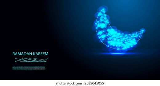 Celebrate the spirit of Ramadan Kareem with this breathtaking low-poly crescent moon and stars, illuminated by a futuristic neon blue glow against a dark cosmic backdrop.