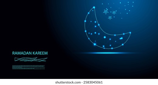 Celebrate the spirit of Ramadan Kareem with this breathtaking low-poly crescent moon and stars, illuminated by a futuristic neon blue glow against a dark cosmic backdrop.