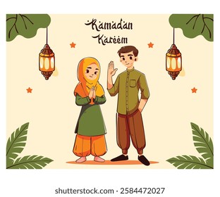 Celebrate the spirit of Ramadan with our “Happy Ramadan Kareem” greeting card, featuring a vibrant illustration of two young Muslims joyfully greeting each other