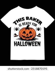 Celebrate the spooky season with this fun T-shirt design featuring "This Baker is Ready for Halloween." Perfect for bakers who love Halloween, it showcases festive baking elements with a Halloween twi