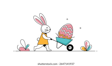 Celebrate Spring Holiday Joy Bunny Transporting Egg In Wheelbarrow With Festive Decorations